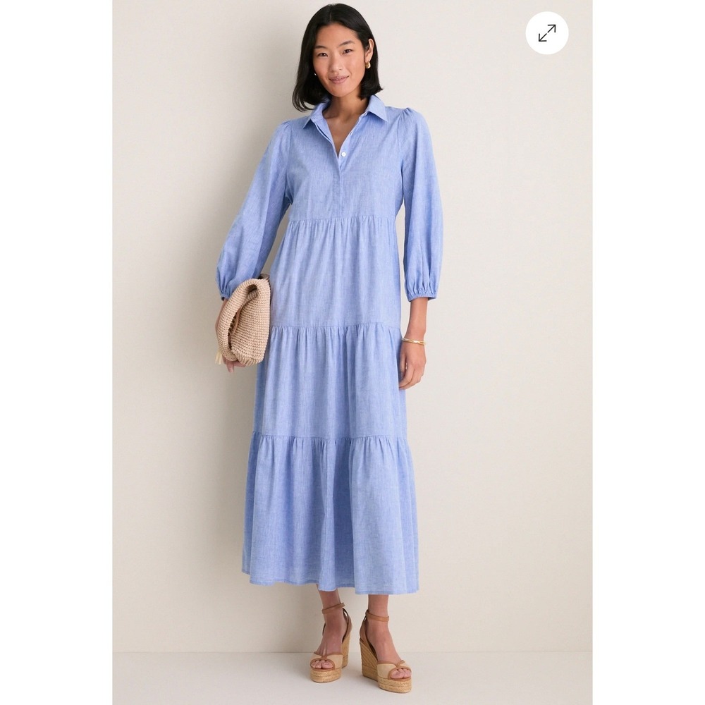 Tuckernuck Pomander Place Blue Chambray Mabel Cotton Linen Tiered Maxi Dress S